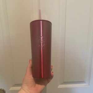 Pink and red tin Starbucks tumbler